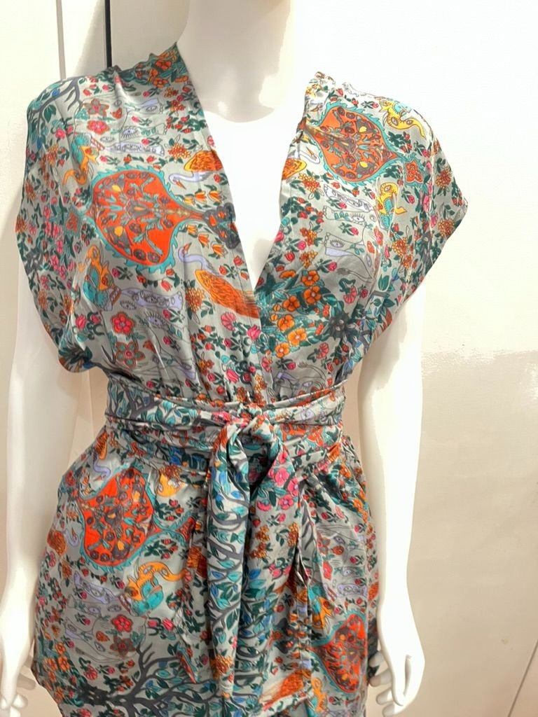 Moksha Ibiza Silk-Blend Boho Print Wrap Romper, Coverup , Xs-M
